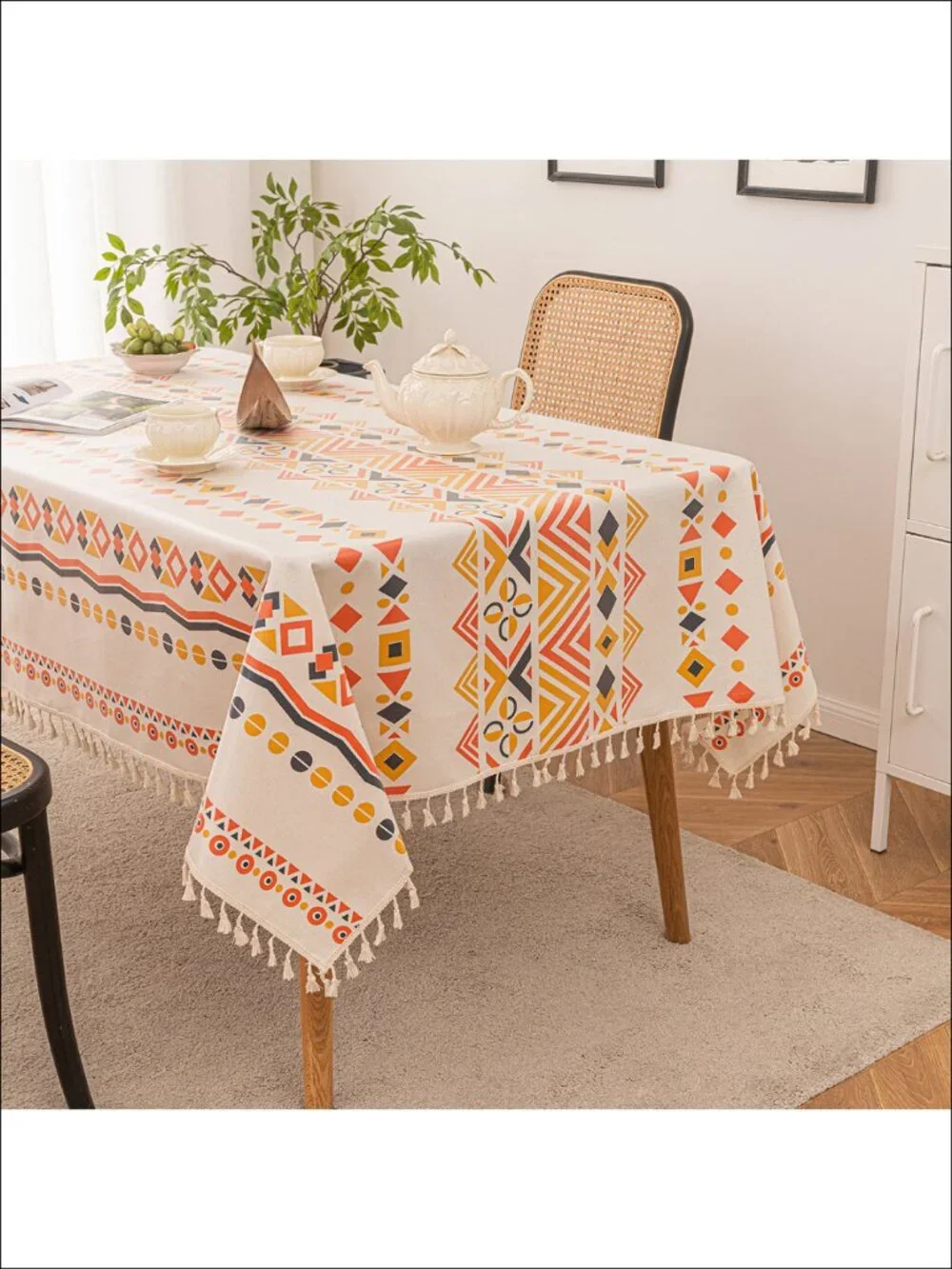 Boho Tablecloth Waterproof Rectangle Cover for 6-8 ft Tables Tassel Trim